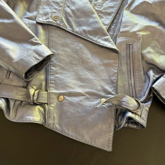 Vintage 80s Nora Ritti Oversized Blue Leather Jacket Belted Cropped Moto Style M - Picture 3 of 16